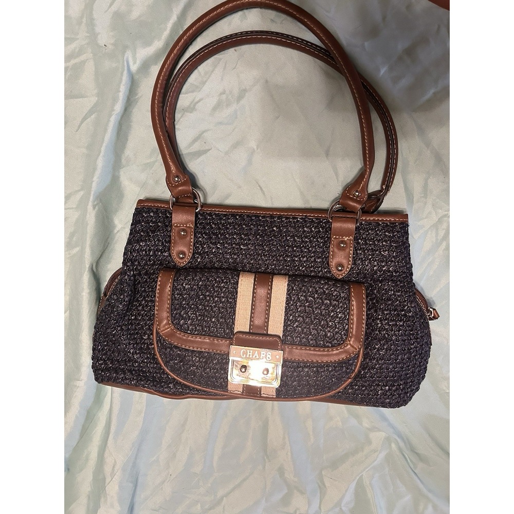 Chaps Marcie Triple Satchel Navy Woven Straw Faux Leather Shoulder Bag 1 - Picture 1 of 8